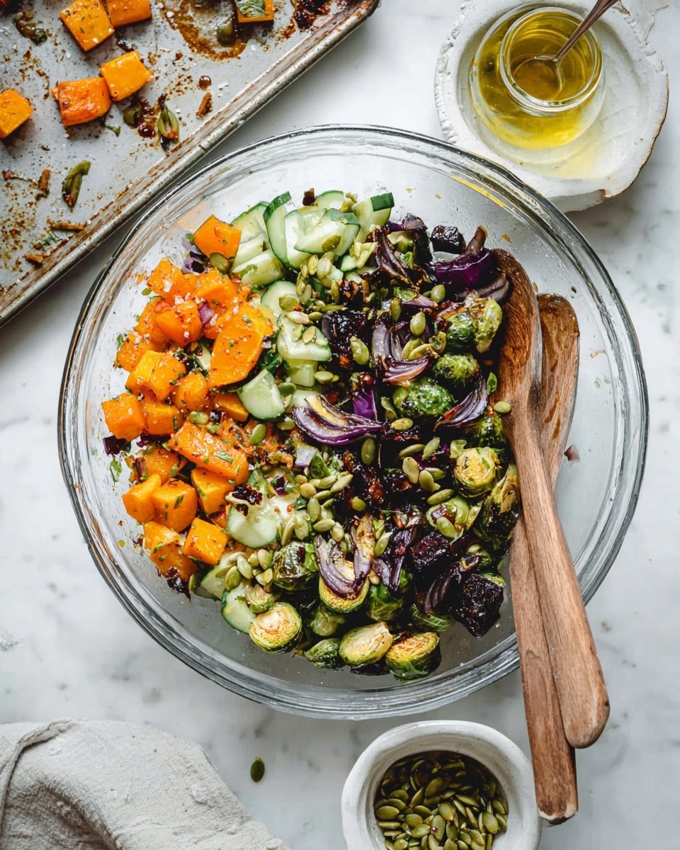A close-up view of a creamy white bowl filled with a colorful roasted vegetable salad layered with quinoa. The salad has bright orange chunks of roasted sweet potato, green roasted Brussels sprouts with slight browning, dark purple slices of roasted red onion, and small pale green diced pieces of cucumber or apple. On top, scattered pumpkin seeds add texture. The vegetables and quinoa mix shows a grainy and roasted texture with fresh and roasted colors. Two antique silver forks rest inside the bowl on the right side. The bowl sits on a white marbled surface with a light beige cloth partially visible beside it. Photo taken with an iphone --ar 4:5 --v 7