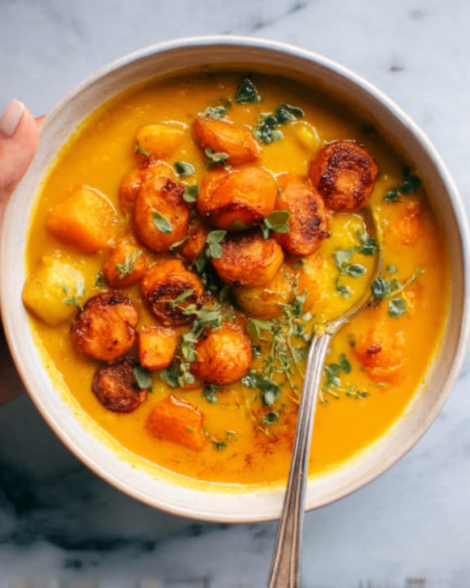 The image shows a white bowl filled with a creamy curry that has bright orange and yellow tones. There are visible chunks of vegetables and what looks like pieces of tofu or paneer, all covered in the rich sauce. On top, fresh green herbs are sprinkled evenly, adding a pop of color. A silver spoon rests inside the bowl, with a woman's hand holding it gently. The bowl is placed on a white marbled surface, giving a clean and bright background. Photo taken with an iphone --ar 4:5 --v 7