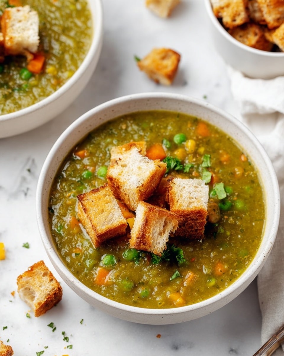 A white bowl filled with thick greenish-yellow lentil soup that has visible small pieces of orange carrot and green herbs mixed throughout; on top of the soup, there are several golden-brown toasted bread cubes sprinkled with green herbs; the bowl is placed on a white marbled surface with a small white bowl of more toasted bread cubes and some scattered bread pieces nearby; photo taken with an iphone --ar 4:5 --v 7