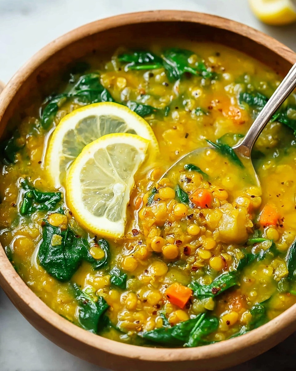 A close-up view of a bowl filled with a thick soup showing multiple layers: the base is a yellow-orange broth with a slightly oily shine, mixed with soft green spinach leaves scattered throughout, and small round lentils spread all around. There are chunks of light yellow-green vegetables, and two thin lemon slices placed on the surface near the edge. The bowl is white with a smooth rim and sits on a white marbled surface. A metal spoon with a wooden handle is partially dipped into the soup. photo taken with an iphone --ar 4:5 --v 7