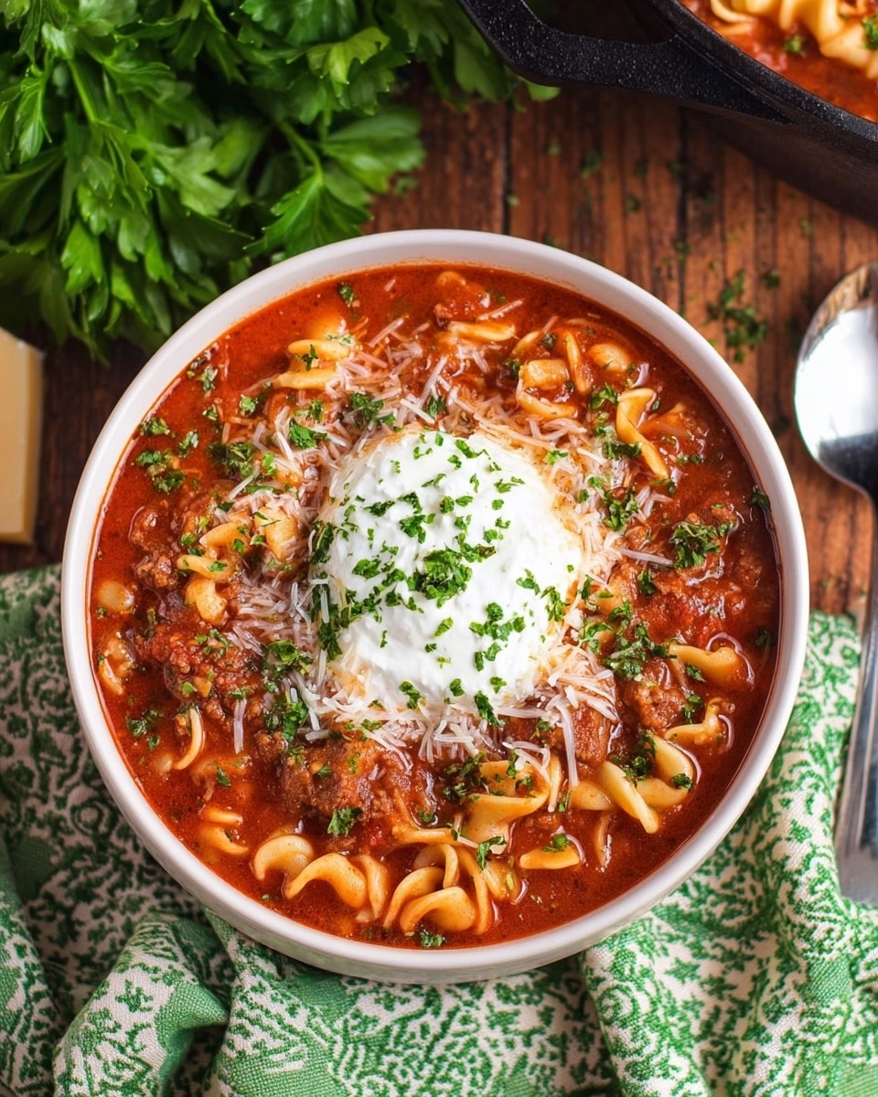 A white bowl filled with thick tomato pasta soup, showing one layer of folded pasta pieces in light yellow color mixed evenly with ground meat chunks in brown and small diced red tomatoes throughout. The soup is creamy with a reddish-orange color and dotted with green herbs on top. A black spoon sticks out from the center of the bowl. The bowl sits on a white marbled surface with some fresh green herbs around and a green patterned cloth nearby. Photo taken with an iphone --ar 4:5 --v 7