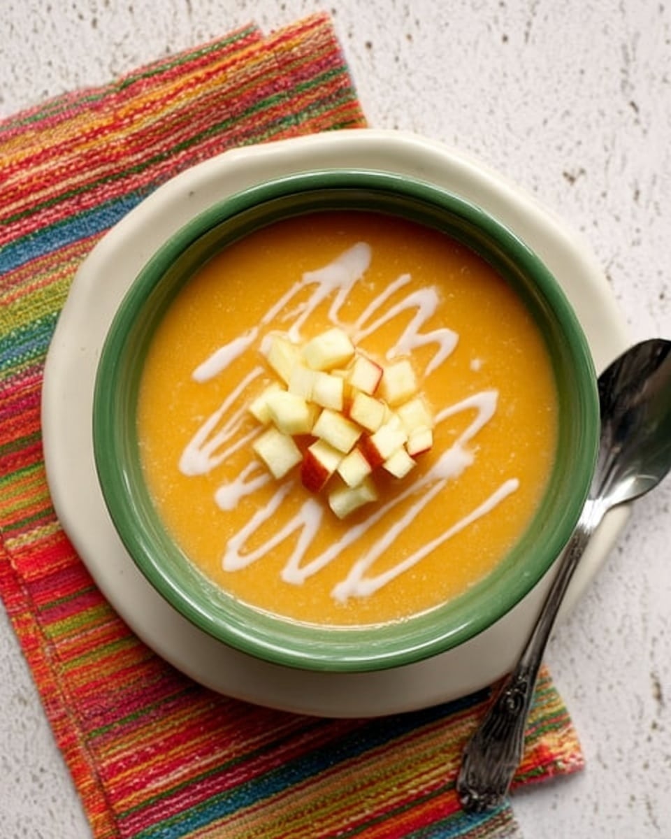 A white bowl filled with smooth orange soup, topped with a few thin white cream lines spread across the surface and small pale yellow and red apple cubes placed in the center. The bowl is sitting on a colorful checkered cloth with shades of green, yellow, orange, and red, all placed on a white marbled surface. A silver spoon is next to the bowl on the right side. Photo taken with an iphone --ar 4:5 --v 7