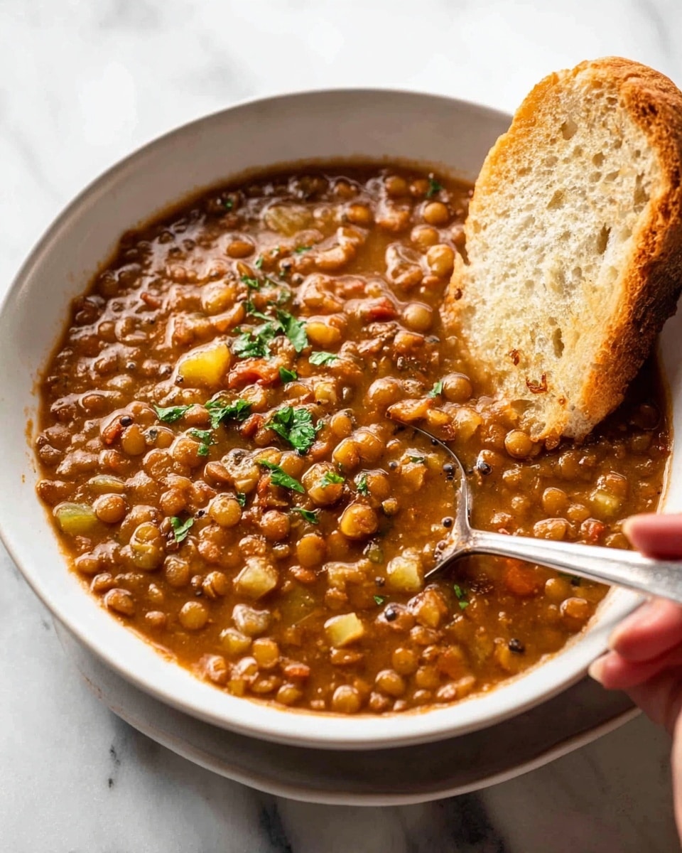 A white bowl filled with thick brown lentil soup showing small lentils and chunks of vegetables like yellow peppers, sprinkled with fresh green parsley. A toasted piece of bread with melted butter rests on the edge of the bowl, and a white spoon is partially dipped into the soup. The bowl sits on a white marbled surface, creating a clean and bright background. photo taken with an iphone --ar 4:5 --v 7