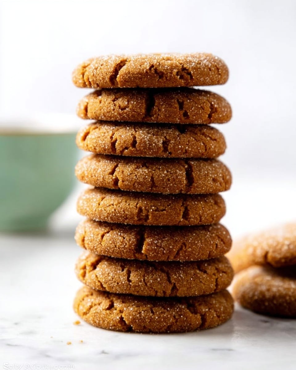 A tall stack of ten golden brown cookies with a slightly cracked and textured surface stands on a white marbled background, showing their soft and chewy texture. Behind the cookies, a blurred pale green cup adds a soft touch of color, while a small part of a pink object is just visible on the left side. The lighting is bright, making the warm tones of the cookies clear and inviting. Photo taken with an iphone --ar 4:5 --v 7