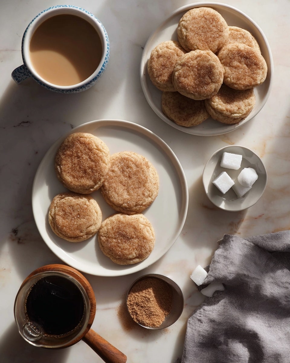Two white plates, each holding about six round, light brown cookies with a rough, cracked surface, are set on a white marbled surface. One cookie lies alone between the plates. Next to the top plate is a cup filled with light brown coffee, and above the bottom plate are two small white sugar cubes in a tiny white bowl. In the lower-left corner, a white coffee filter with dark coffee grounds sits on a glass coffee maker, next to a partially filled dark blue cup of coffee. A crumpled light gray cloth rests below the small bowl. The scene is softly lit with natural light. photo taken with an iphone --ar 4:5 --v 7