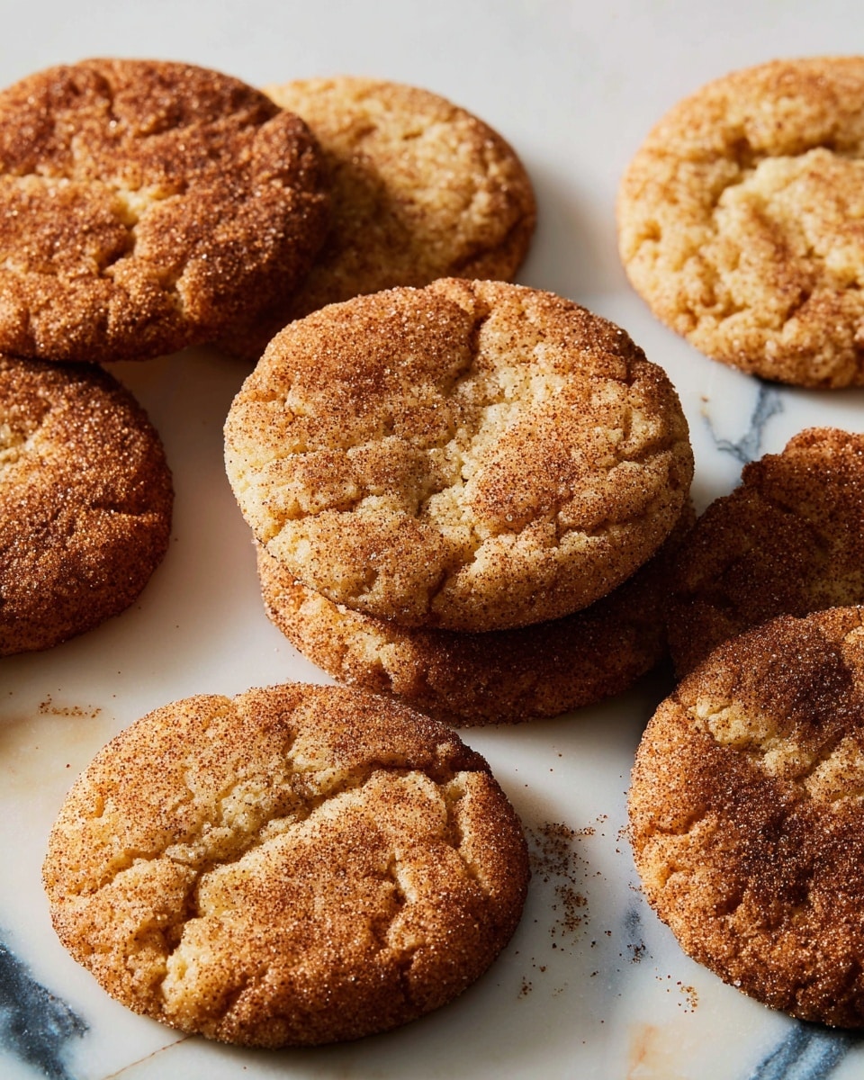 Several round cookies with a cracked texture are laid out on a white marbled surface with colorful specks. The cookies are golden brown with a coating of fine cinnamon sugar, giving them a slightly grainy surface. Each cookie has a rough, uneven top with visible cracks and a soft, crumbly appearance. They are arranged casually, some overlapping slightly, and the light reflects softly off the sugar dusting. photo taken with an iphone --ar 4:5 --v 7