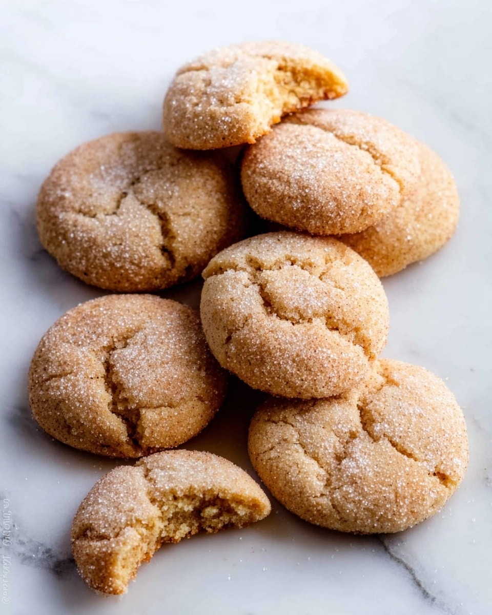 The image shows nine round cookies arranged on a white marbled surface. Each cookie is light brown with a slightly cracked top, coated with a layer of sugar crystals giving a sparkling effect. One cookie is broken in half, revealing a soft, dense inside with a slightly crumbly texture. The cookies are spaced unevenly, creating a casual, inviting look. photo taken with an iphone --ar 4:5 --v 7