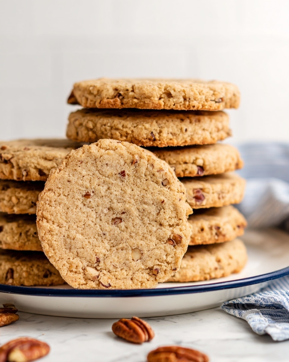 The image shows a stack of round light brown cookies with small pieces of nuts embedded throughout, positioned on a white plate with a thin dark rim. The stack consists of about nine cookies neatly piled in two columns, with one cookie standing upright leaning against the others in the front center, revealing its texture and nut details. The plate is placed on a white marbled surface, and a white cloth with blue stripes is partially visible at the bottom right corner. Some whole pecans lie scattered slightly out of focus in the foreground. The background is soft and light, making the cookies stand out clearly. Photo taken with an iphone --ar 4:5 --v 7
