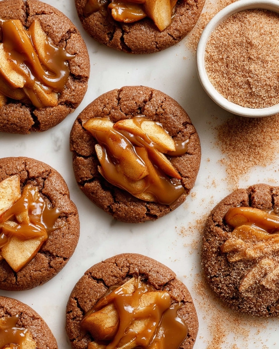 A close-up view of round, cracked brown cookies arranged on a white marbled surface, each topped with a layer of soft, caramelized apple slices that have a warm golden-brown color and a slightly glossy texture. The apples are drizzled with a shiny, rich caramel sauce that pools slightly on the cookie tops, adding a sticky and smooth finishing touch. To the side, there is a white bowl filled with light brown cinnamon sugar, with a small mound slightly heaped inside. The overall scene is bright and warm, highlighting the textures of the crunchy cookie base, tender apples, and glossy caramel. photo taken with an iphone --ar 4:5 --v 7