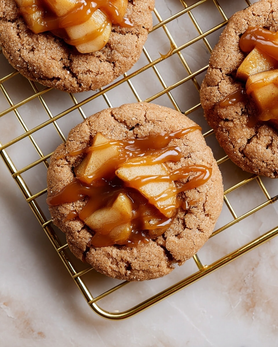 The image shows three round cookies on a gold cooling rack placed over a white marbled surface. Each cookie has a rough, cracked brown texture with a sugary coating. On top of each cookie, there are small pieces of cooked apple slices with a soft, slightly shiny surface. A shiny caramel sauce is drizzled over the cookies and apples, creating glossy amber streaks that catch the light. The cookies are closely placed showing just part of a fourth cookie on the left. Photo taken with an iphone --ar 4:5 --v 7