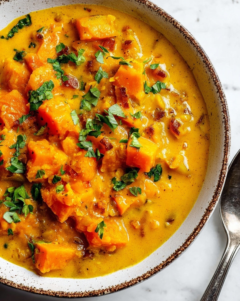 This is a close-up image of a bowl filled with chunky orange stew pieces in a thick yellow-orange sauce. The stew contains soft, irregularly shaped chunks with a smooth, slightly glossy texture, mixed with pieces of browned bits, and topped with chopped green herbs scattered unevenly across the surface. The bowl is white with a light brown rim and sits on a white marbled surface. A silver spoon and a sprig of fresh green herbs are visible next to the bowl. photo taken with an iphone --ar 4:5 --v 7
