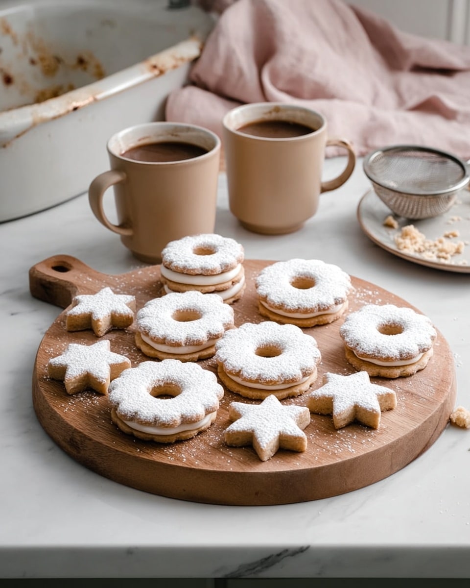 A round wooden board with a dark stripe in the middle holds thirteen cookies arranged neatly. The cookies are two-layered, the bottom layer is light golden brown, and the top layer is dusted with white powdered sugar, having a cut-out center showing a shiny brown jam inside. The cookies come in two shapes, round with scalloped edges, and star-shaped with five points, alternating across the board. Nearby on a white marbled surface are two light brown mugs filled with coffee, a white bowl with a spoon holding brown sugar, and a light pink textured cloth. Photo taken with an iphone --ar 4:5 --v 7