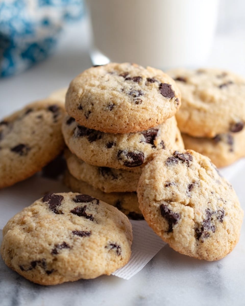 The image shows a close-up of a soft, round cookie with a light golden color. The cookie has many small dark chocolate pieces spread throughout its surface and looks slightly cracked on top. Behind it, there are more cookies of the same kind, all resting on a white marbled surface. A small piece of white and blue patterned cloth is slightly visible at the edge of the frame. photo taken with an iphone --ar 4:5 --v 7