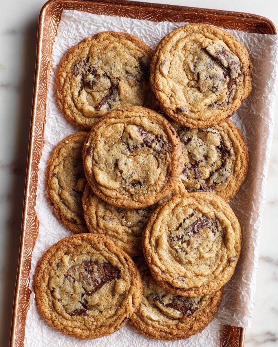 A close-up view of seven chocolate chip cookies placed on a sheet of wrinkled parchment paper, arranged in two overlapping rows. Each cookie is circular with a golden brown color, slightly darker and crisp around the edges, and lighter in the center with visible melting chocolate chunks and a crinkled textured surface sprinkled lightly with sugar crystals. The background is a white marbled surface. photo taken with an iphone --ar 4:5 --v 7