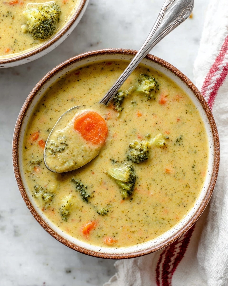 A close-up view of a creamy soup in a round bowl with a brown rim, filled with a thick, yellowish base that contains visible small green broccoli pieces, bright orange carrot slices, and tiny bits of other vegetables. A silver spoon is scooping some soup from the bowl, showing a smooth texture with chunks of vegetables inside. The bowl is placed on a white marbled surface next to a white cloth with red stripes. Part of another bowl with the same soup is visible in the top left corner. photo taken with an iphone --ar 4:5 --v 7