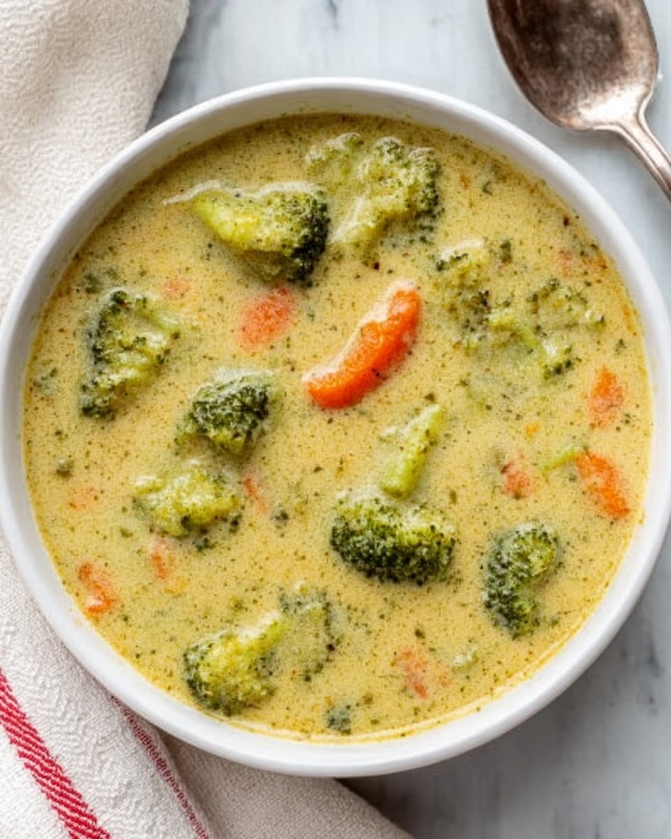 A white bowl filled with thick broccoli soup, showing visible pieces of bright green broccoli and small orange carrot rounds spread evenly in a creamy light green broth. The soup surface has a slightly chunky texture with bits of herbs and vegetables. The bowl sits on a white marbled surface, next to a spoon and a white napkin with red stripes. Photo taken with an iphone --ar 4:5 --v 7