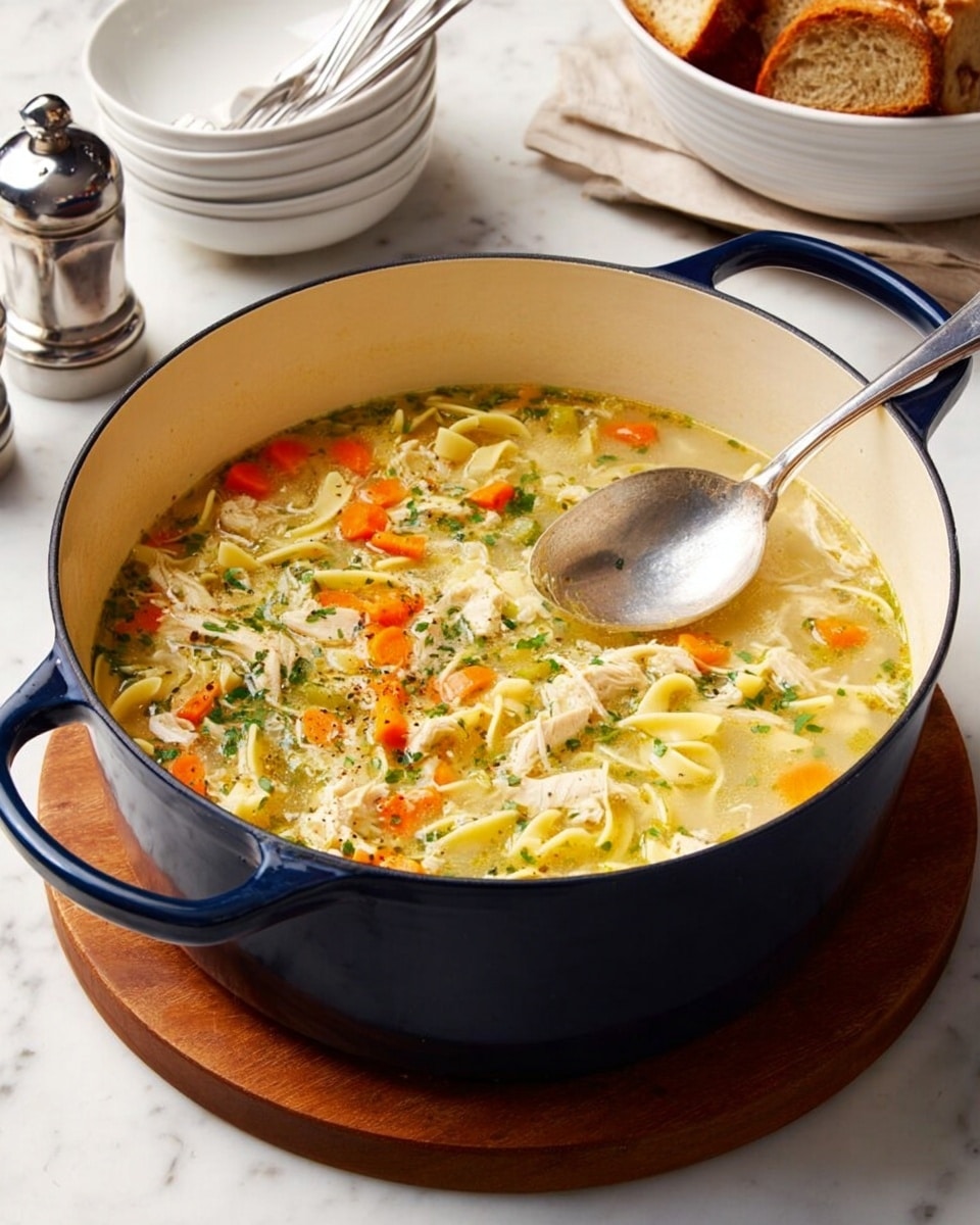 A large dark blue pot filled with a creamy chicken noodle soup, showing layers of light yellow noodles, diced orange carrots, small pieces of white chicken, and green herbs spread evenly throughout. A silver ladle rests inside the pot with its handle extending outward, slightly angled toward the viewer. The pot sits on a round wooden board on a white marbled surface. Nearby, there is a white bowl stacked with slices of light golden toasted bread. Photo taken with an iphone --ar 4:5 --v 7