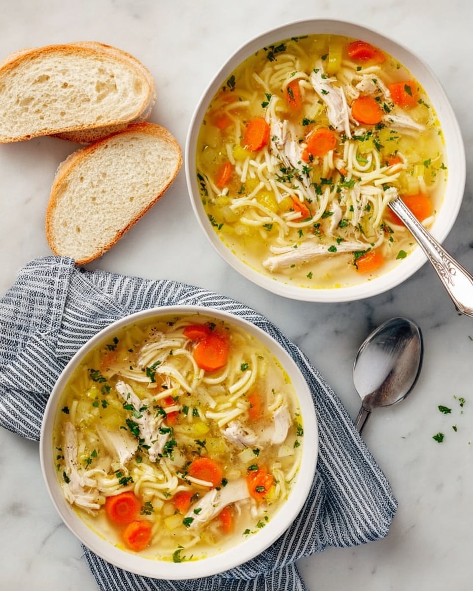 Two white bowls sit on a white marbled surface, each filled with a clear broth soup containing thick yellow noodles, orange carrot slices, chopped celery, small pieces of tender white meat, and sprinkled green herbs. One bowl rests on a beige and black striped cloth napkin, while the other bowl has a silver spoon inside it. To the top right of the scene, there are two thick slices of white bread on the marbled surface. Photo taken with an iphone --ar 4:5 --v 7