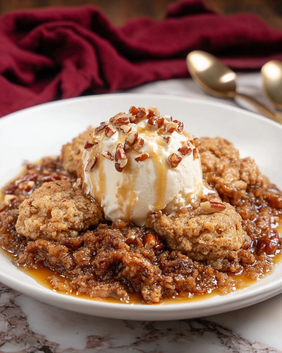 A round white ceramic dish filled with a warm pecan cobbler. The top layer has about ten golden brown biscuit-like dollops with a rough, crumbly texture, each slightly puffed and browned on top. Below, a thick syrupy layer of glossy, dark caramel pecans is visible where one dollop is missing, showing sticky brown liquid mixed with chunky nut pieces. The dish sits on a dark wooden table with a small clear bowl of pecans in the background on the left and a dark red cloth underneath the dish. Photo taken with an iphone --ar 4:5 --v 7