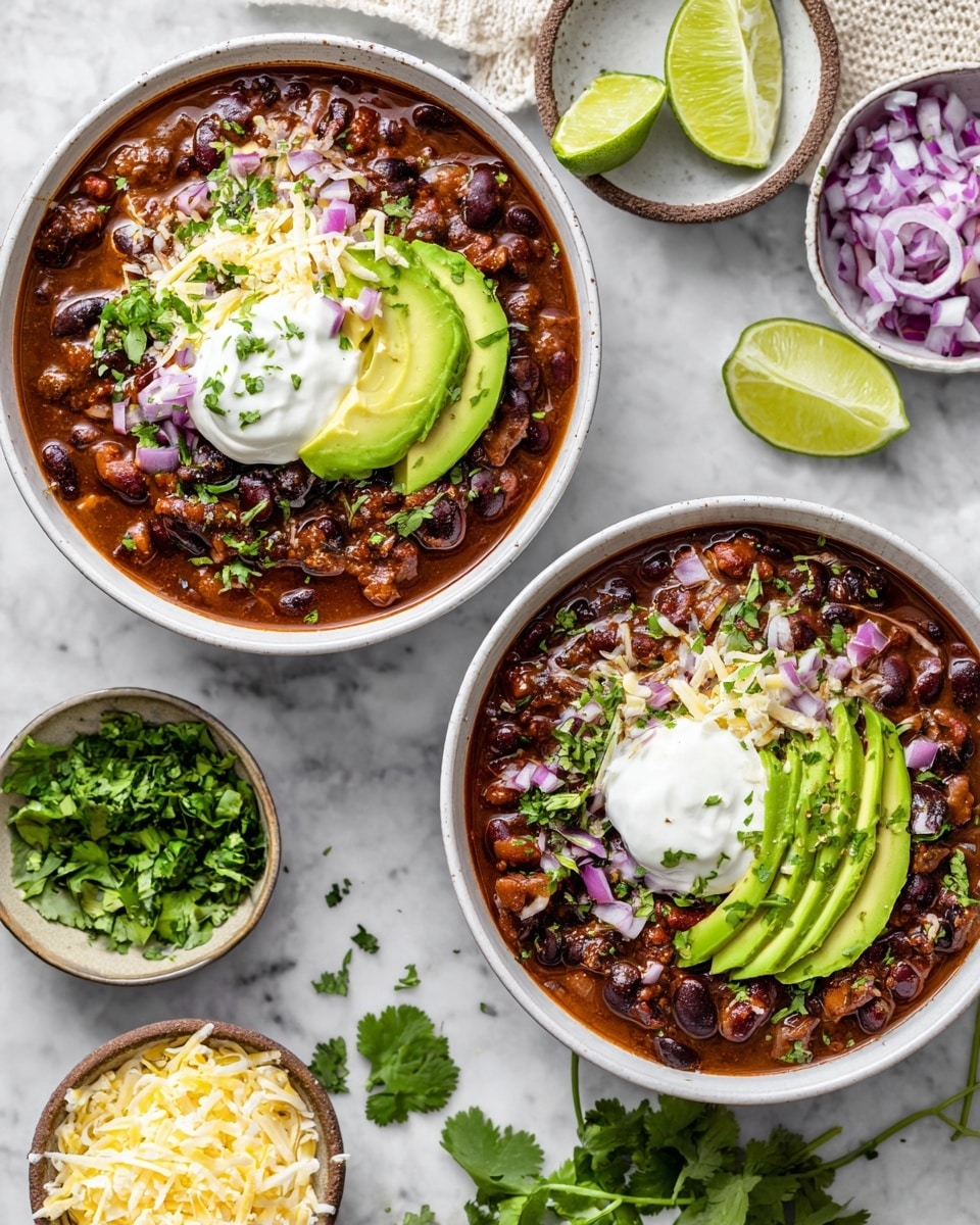 Two bowls of chili are shown on a white marbled surface. Each bowl has a dark reddish-brown stew base with visible black beans and chunks of vegetable or meat. On top, there are two slices of light green avocado positioned on one side. There is a generous dollop of white sour cream placed near the center of each bowl. Shredded pale yellow cheese is sprinkled on one side of the chili, mixed with small pieces of purple-red onion and fresh green cilantro leaves scattered over the top. Around the bowls, small white bowls hold extra green cilantro and diced purple-red onion, with a bowl of shredded pale yellow cheese nearby. Lime wedges and fresh cilantro sprigs are also placed on the surface, and a woman's hand is slightly holding one edge of the bottom bowl. photo taken with an iphone --ar 4:5 --v 7