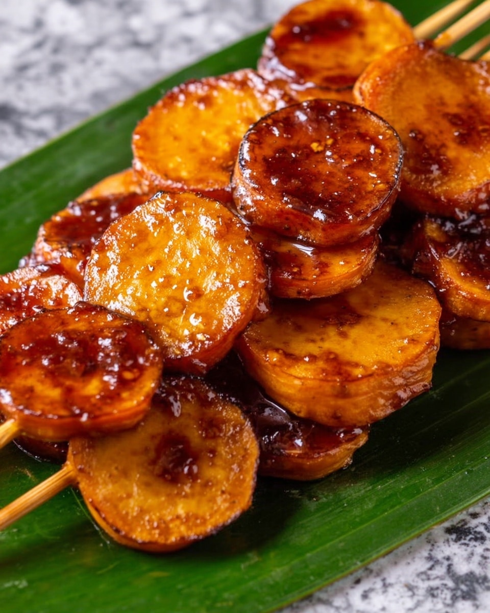 The image shows a close-up of several round, orange slices of cooked sweet potato skewered on wooden sticks. Each slice is coated with a shiny, thick brown sauce that glistens under the light, giving the dish a rich, sticky texture. The sweet potato slices are layered closely together on the sticks, with some edges slightly darker from caramelizing. The skewers rest on a large green leaf placed on a white marbled background, which contrasts with the bright orange and glossy brown colors of the dish. Photo taken with an iphone --ar 4:5 --v 7