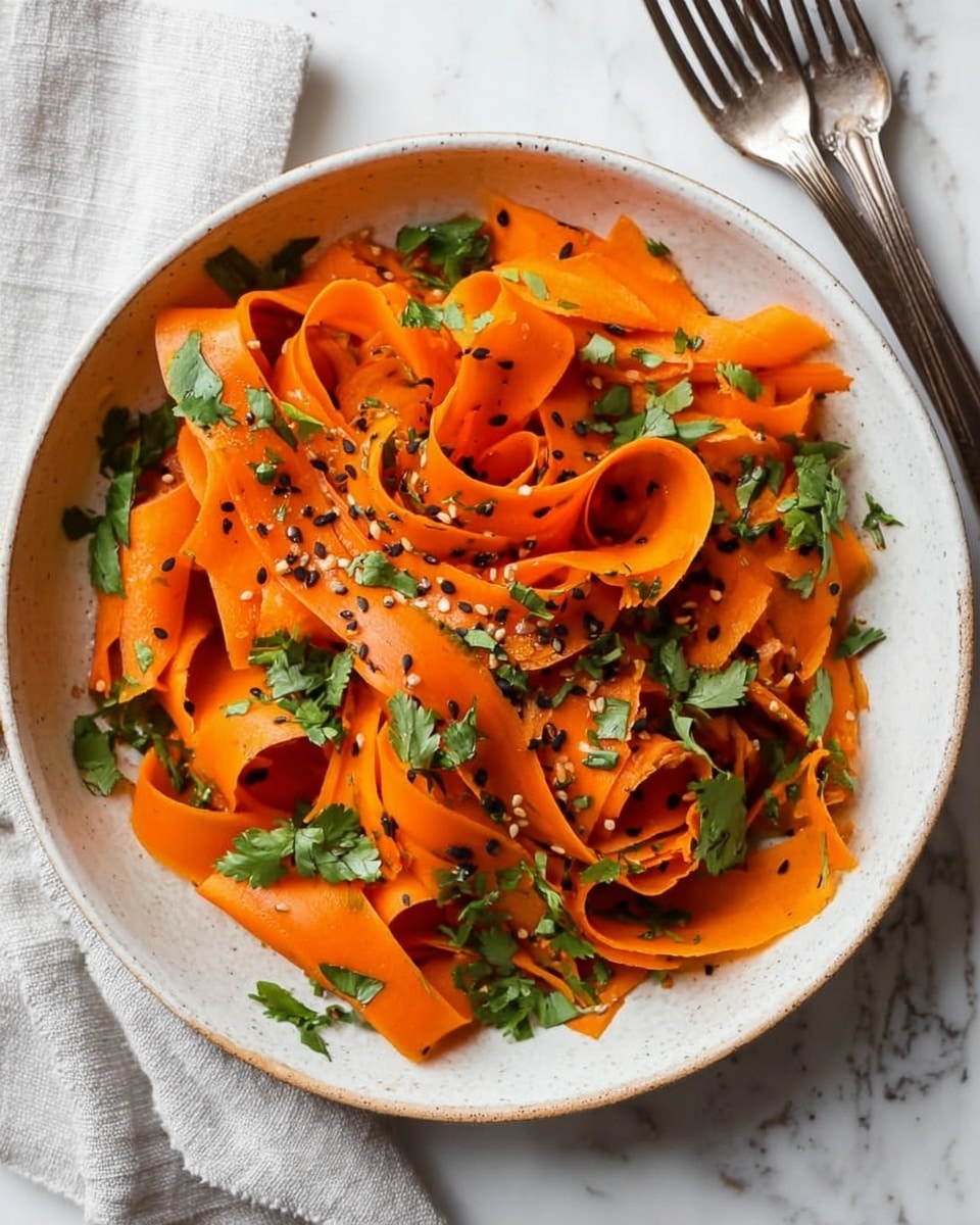 A large dark round bowl holds wide, bright orange carrot ribbons layered loosely with fresh green mint leaves scattered throughout. The carrot ribbons have a smooth, slightly glossy texture and are curled and folded over each other in a natural, uneven way. There are small seeds and tiny bits of nuts sprinkled over the top, adding a crunchy texture and light brown color contrast. A woman's hand holds a silver fork that rests on the carrot ribbons inside the bowl. Behind the bowl, a glass jar filled with a pale yellow dressing and two small white bowls with seasonings sit on a white marbled surface. Photo taken with an iphone --ar 4:5 --v 7