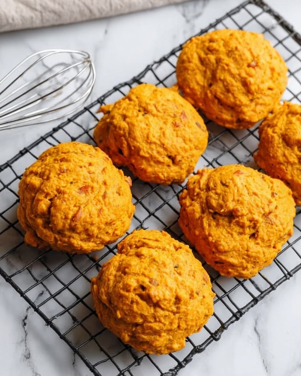 Six golden orange scones with a rough, textured surface sit on a black wire rack. The scones have a slightly rounded dome shape with visible small cracks and uneven patterns on top. The wire rack is placed on a white marbled surface. To the left, there is a silver whisk and a clear glass jar partly visible, along with white crumpled parchment paper. The lighting is bright and natural, showing the warm color of the scones clearly. photo taken with an iphone --ar 4:5 --v 7