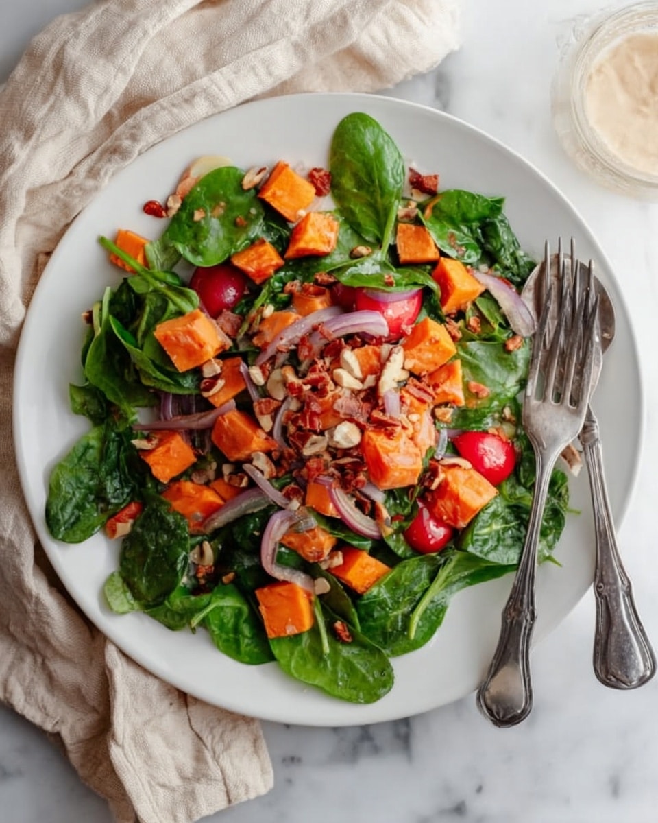 The image shows a white plate filled with a fresh salad on a white marbled surface. The salad has a base layer of deep green spinach leaves spread evenly across the plate. On top, there are bright orange roasted sweet potato cubes, halved red cherry tomatoes, thin slices of purple-red onion, and light brown walnut pieces scattered around. A woman's hand is holding a silver fork placed on the right side of the plate. The colors are vibrant and the textures range from soft spinach, slightly crispy sweet potatoes, juicy tomatoes, to crunchy walnuts. Photo taken with an iphone --ar 4:5 --v 7