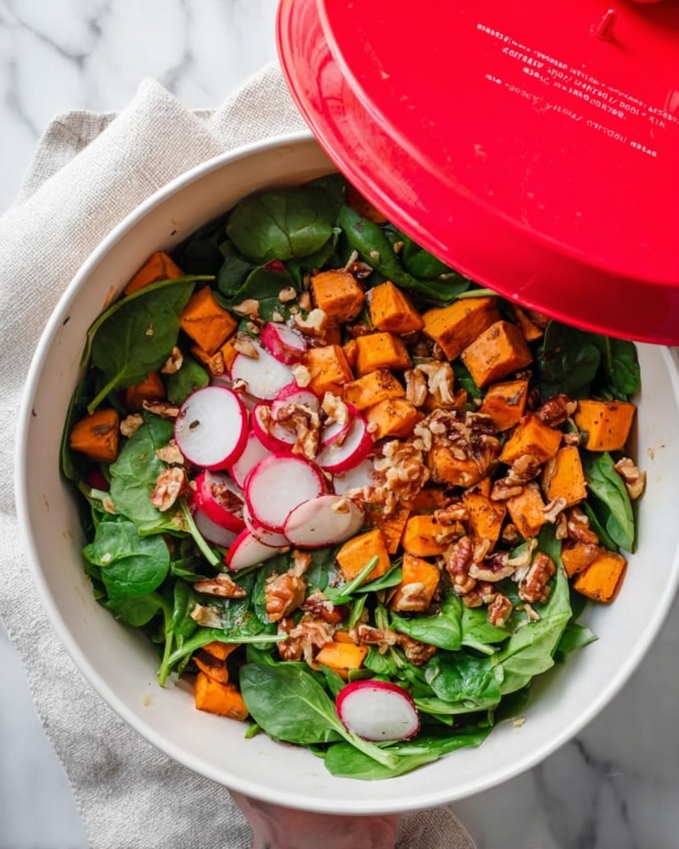 A white bowl filled with a fresh salad sits on a white marbled surface, partially covered by a red lid. The salad has three main layers: a base of green spinach leaves, scattered pieces of orange roasted pumpkin, and mixed nuts with slices of red radish and thinly sliced red onion on top. The textures range from soft spinach, slightly crisp pumpkin chunks, to crunchy nuts, creating a colorful and healthy mix. A woman's hand is lifting the red lid to reveal the salad inside. Photo taken with an iphone --ar 4:5 --v 7
