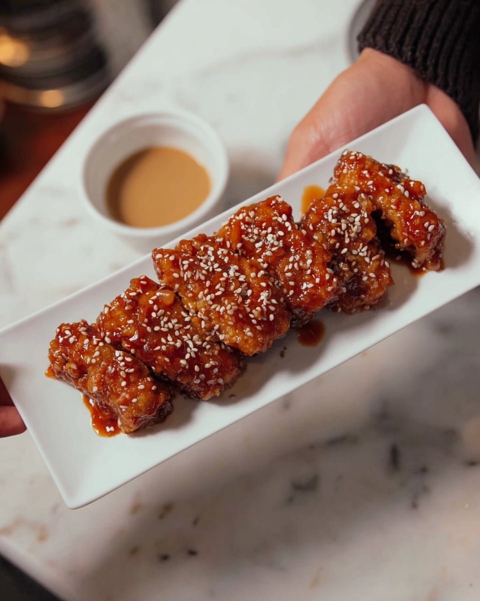 A white rectangular plate is filled with seven pieces of fried chicken covered in shiny reddish-brown sauce and sprinkled with white sesame seeds. The pieces are stacked in two uneven rows along the length of the plate. A woman’s hand is holding the plate on the right side. The plate sits on a white marbled surface with a blurred small white bowl in the background. Photo taken with an iphone --ar 4:5 --v 7