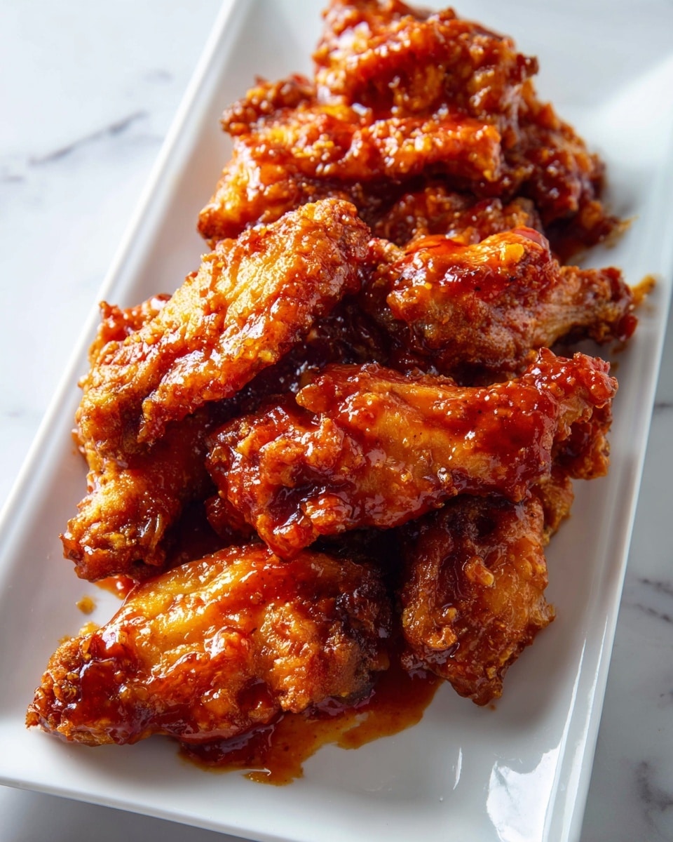 A clear square plate holds a pile of fried chicken wings, each one covered in a shiny, thick red sauce that looks sticky and smooth. The wings are stacked unevenly, showing crispy textures under the sauce with some darker browned spots. The plate sits on a white marbled surface. photo taken with an iphone --ar 4:5 --v 7