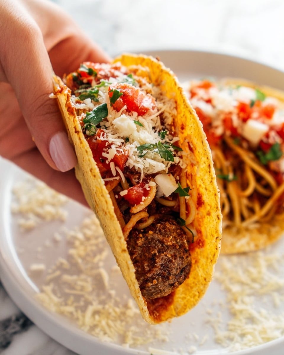 A close-up view of a taco held by a woman's hand, featuring a soft yellow corn tortilla filled with a meatball at the bottom center, topped with thin spaghetti noodles mixed with tomato sauce and chopped fresh tomatoes, onions, and green herbs. The taco is held above a white plate sprinkled with grated cheese, showing another similar taco with the same filling in the background. The surface underneath is a white marbled texture. Photo taken with an iphone --ar 4:5 --v 7