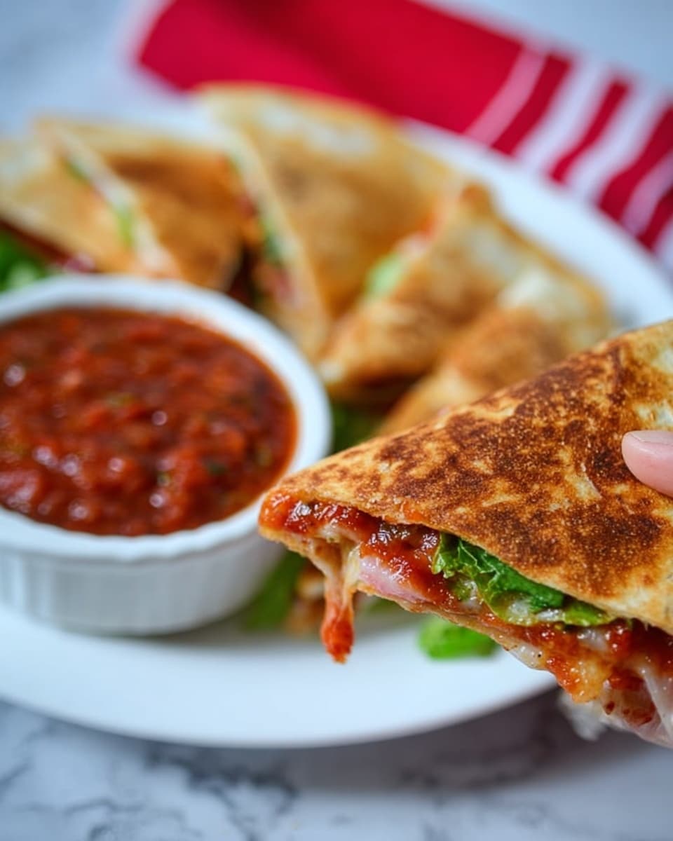 The image shows a close-up of a toasted quesadilla triangle with a browned, crispy texture and some red sauce spread on its tip, held by a woman's hand. Behind it on a white plate are more quesadilla triangles with visible fillings of green and red ingredients inside the slightly browned toasted wraps. Next to the quesadillas is a small white bowl filled with red salsa sauce. The background is a white marbled surface with a blurred red and white cloth visible. photo taken with an iphone --ar 4:5 --v 7