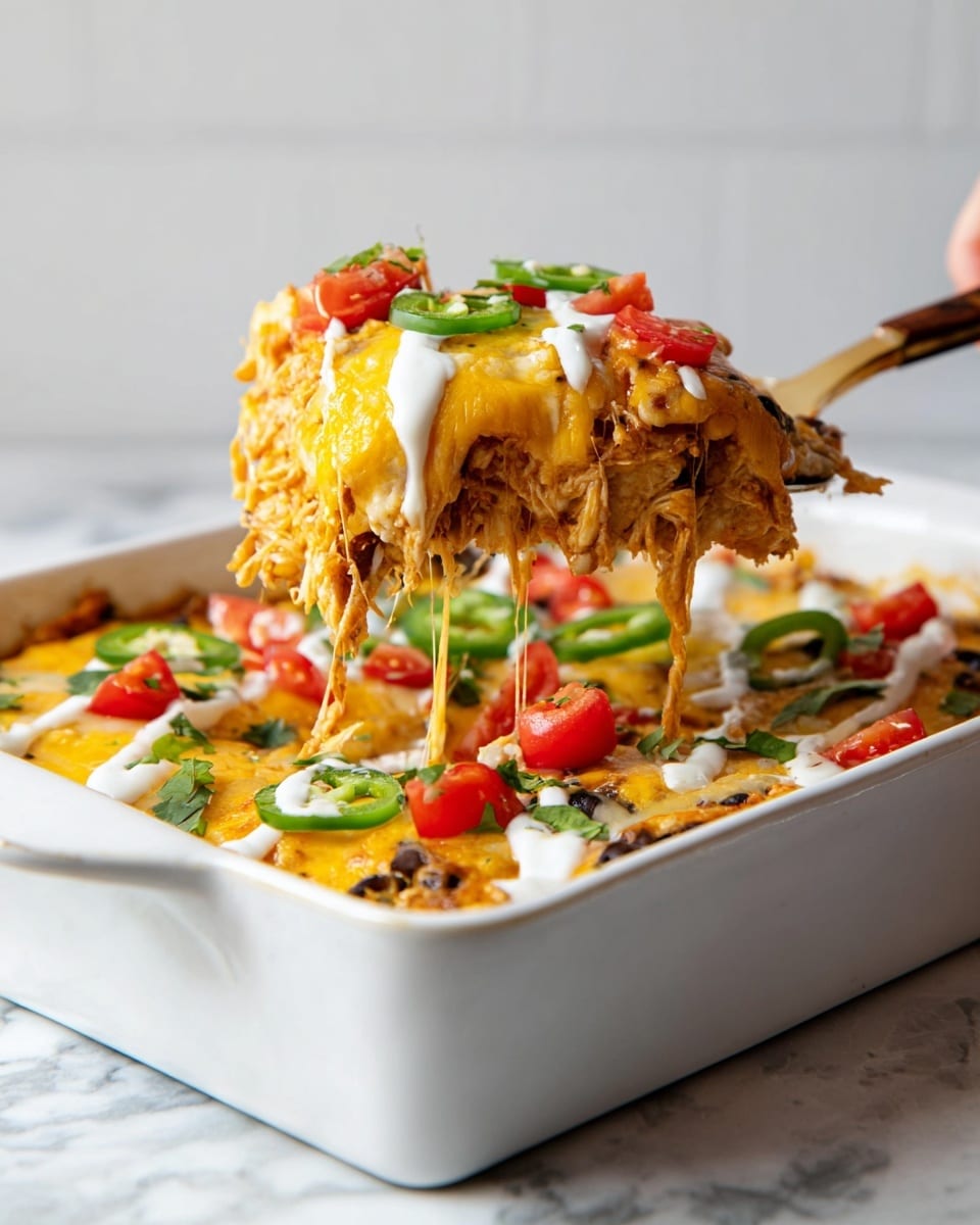 A close-up of a white baking dish filled with a layered cheesy casserole. The bottom layer appears to be a mix of cooked chicken pieces, corn, black beans, and sauce visible through the layers. Above this is a thick, melted yellow cheese layer that stretches as a woman's hand lifts a portion with a spatula. The top of the casserole is decorated with small pieces of red tomato, green jalapeno slices, and drizzled white sauce, creating a colorful contrast against the melted cheese. The dish sits on a white marbled surface with a simple, light gray background. Photo taken with an iphone --ar 4:5 --v 7