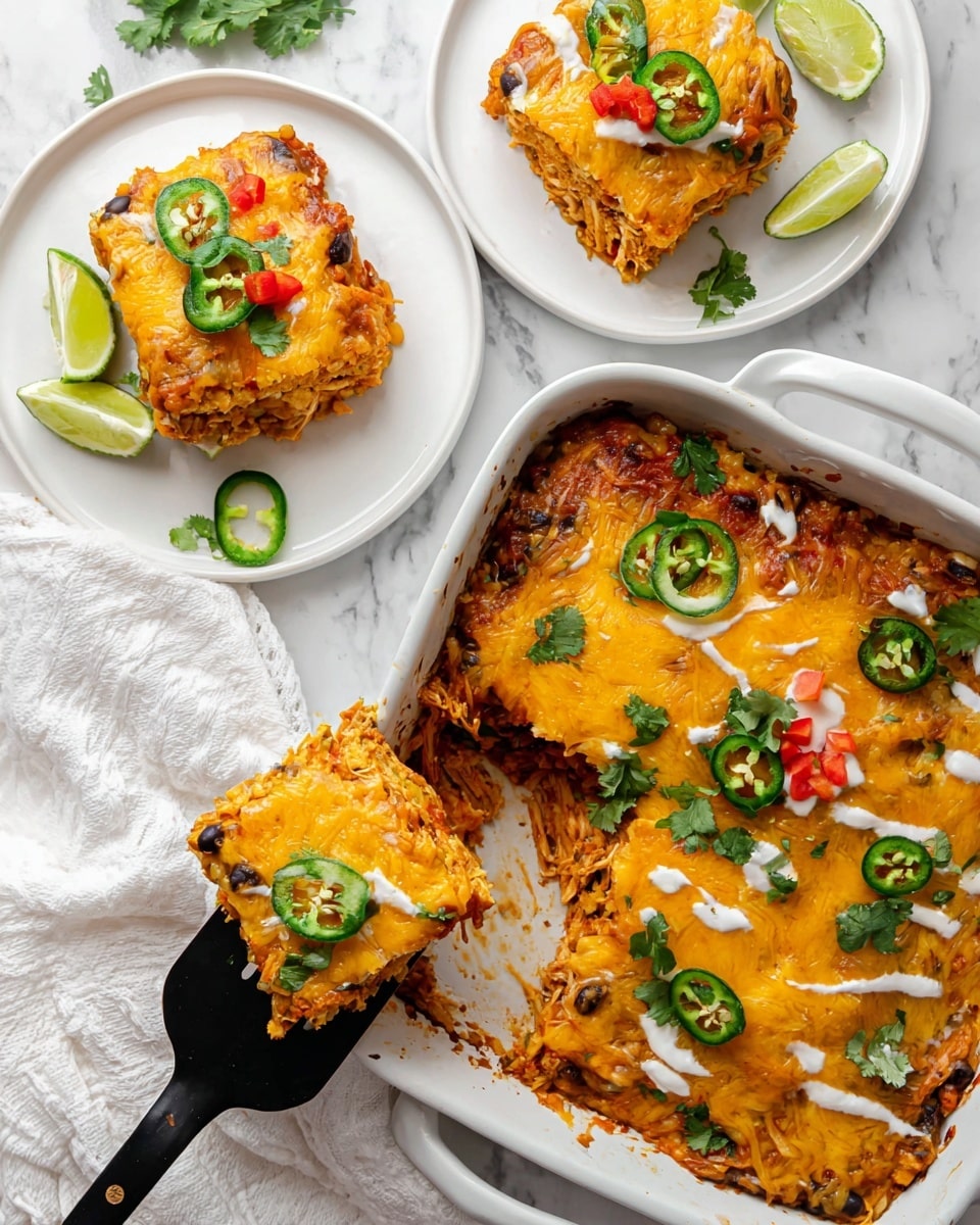 A white baking dish shows a layered casserole with melted golden cheese on top, drizzled with white sauce and garnished with green sliced jalapeños and fresh cilantro leaves. The casserole has a mix of ingredients inside, including yellow corn, red bell peppers, and beans, with a soft, textured middle layer. One square piece is being lifted by a dark wooden spatula, revealing creamy, dense layers inside. Nearby, white plates have square servings of the casserole topped with the same sauce and herbs, accompanied by green lime wedges. The whole scene is set on a white marbled surface with a small bowl of sliced jalapeños and a grey cloth visible. Photo taken with an iphone --ar 4:5 --v 7