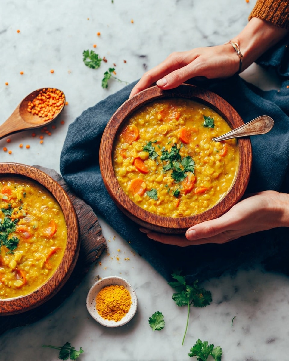 A woman’s hand holds a round wooden bowl filled with a thick yellow lentil soup with visible orange chunks of carrot and a few green cilantro leaves on top. A black spoon is scooping the soup, showing its creamy texture. Below, on a white marbled surface, there is another similar wooden bowl with the same lentil soup, a silver spoon inside, sitting on a dark blue cloth. Around the bowls, a few scattered green cilantro leaves, a small white bowl with yellow curry powder, a wooden spoon with powder, and a metal cup with red lentils add detail to the scene. photo taken with an iphone --ar 4:5 --v 7
