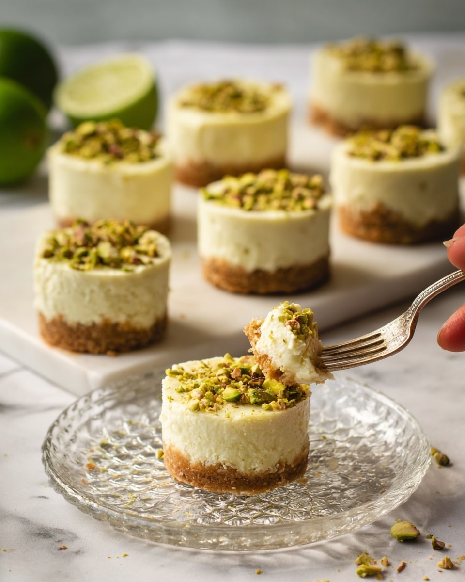 The image shows a close-up of a small round dessert with two layers, placed on a clear textured glass plate. The bottom layer is a light brown crumbly crust, while the thick top layer is creamy and pale yellow, topped with chopped green pistachio nuts scattered evenly. A spoon with a bite of the dessert rests beside it on the plate. In the background, there is a white round plate holding five more of these small desserts, all identical with the crumbly base, creamy layer, and pistachio topping, set on a white marbled surface. Two lime halves are slightly blurred in the distant background. Photo taken with an iphone --ar 4:5 --v 7