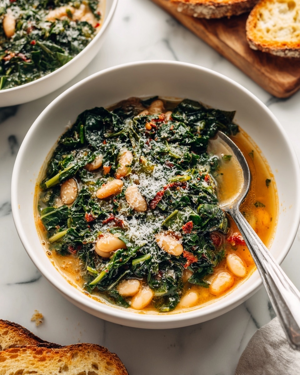 A dark bowl filled with braised beans and greens, showing three main layers: the base layer is a light orange broth, the middle layer has a mix of white beans, wilted dark green kale, and small pieces of red peppers, all cooked together, and the top layer is sprinkled with some grated cheese, adding a light texture on top. A silver spoon sits inside the bowl on the right side, partly submerged in the dish. The bowl is placed on a white marbled surface with a small piece of crusty bread with red spread on the upper right edge and part of another bowl with similar food visible in the upper left corner. Photo taken with an iphone --ar 4:5 --v 7