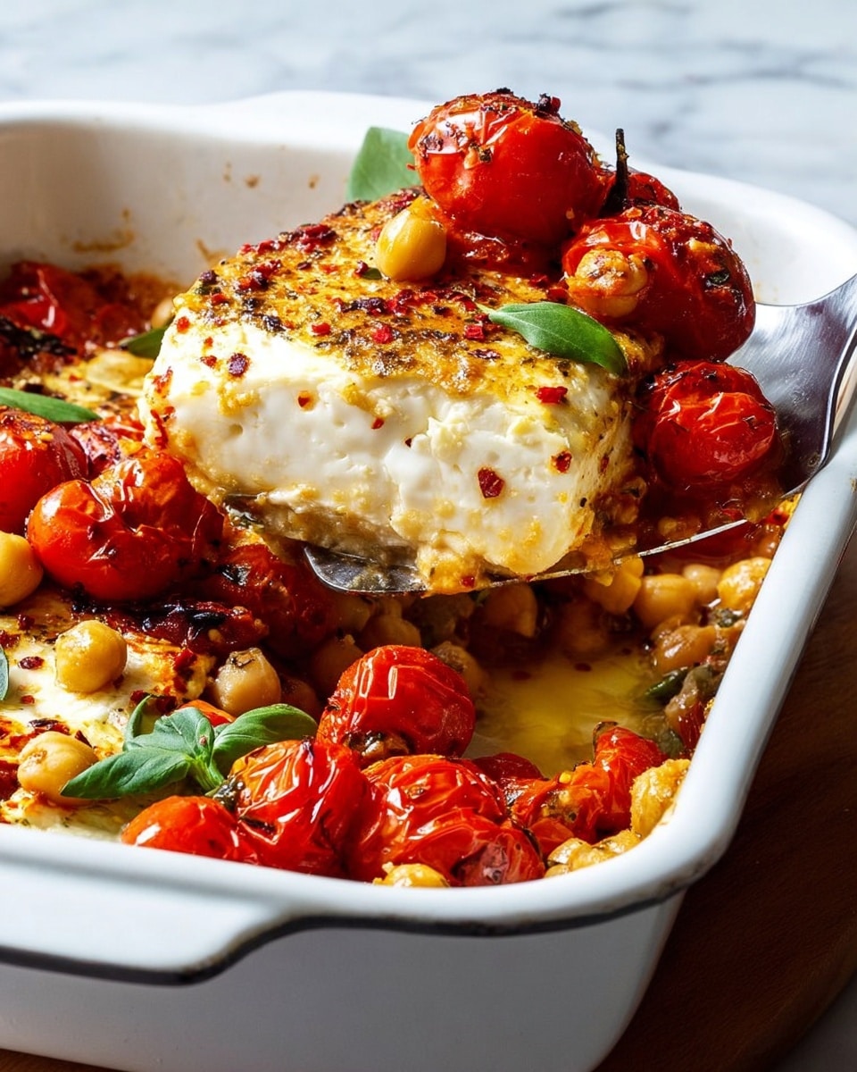 A white rectangular baking dish filled with roasted chickpeas at the bottom, deep red roasted cherry tomatoes scattered over them, and fresh green basil leaves adding a pop of color. On top, there are two thick, golden-browned blocks of soft white cheese, sprinkled with black pepper and chili flakes. A silver spoon lifts one piece of cheese with some chickpeas and a cherry tomato on the side. The dish sits on a white marbled surface. Photo taken with an iphone --ar 4:5 --v 7
