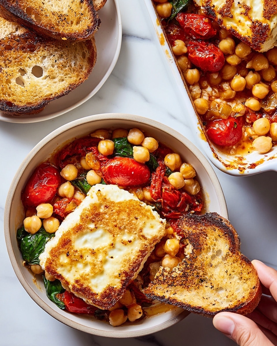 A round white bowl filled with three layers: the bottom layer is light brown chickpeas mixed with wilted dark green spinach leaves, the middle layer has bright red roasted cherry tomatoes, and the top layer features a large, golden brown grilled slice of cheese with a slightly crispy texture. Next to the bowl, there are pieces of torn toasted bread with a golden crust. A woman's hand is holding a piece of toasted bread scooping from a white rectangular baking dish filled with the same chickpea, tomato, and cheese mix. All items are placed on a white marbled surface. photo taken with an iphone --ar 4:5 --v 7