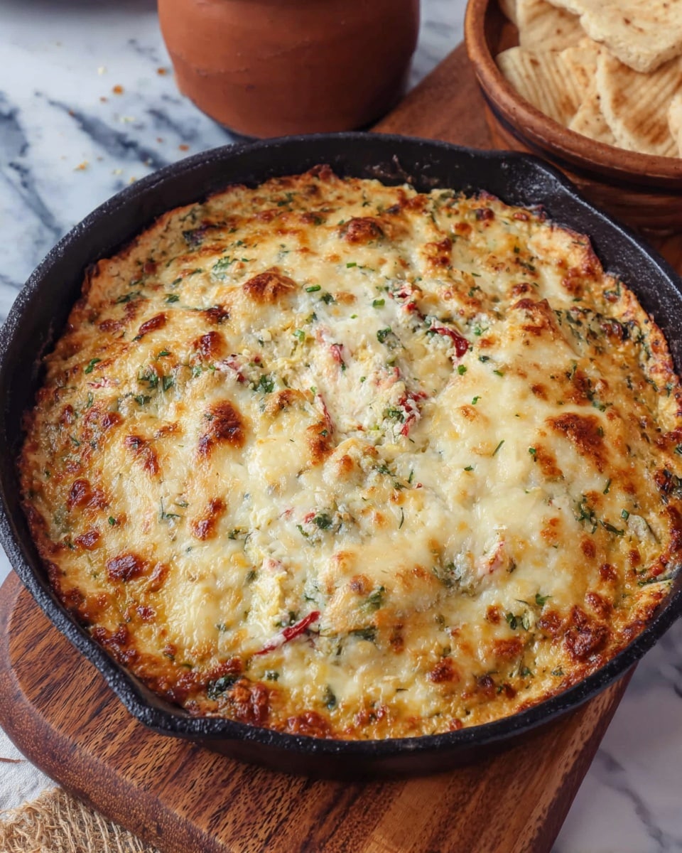 A baked dish in a black cast iron skillet is shown, featuring one thick layer with a golden brown, bubbly cheese topping. The cheese has patches of darker browning and small scattered orange strands. Beneath the cheese, bits of green herbs and small pieces of red ingredients are visible, giving the surface a slightly uneven, textured look. The skillet handle is visible on the right side, and the skillet sits on a wooden board. The background has a white marbled texture. Photo taken with an iphone --ar 4:5 --v 7