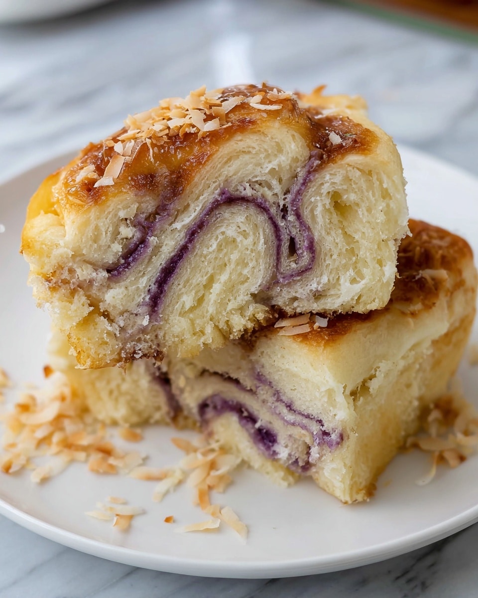 The image shows two pieces of soft, flaky bread rolls with visible layers on a white plate. Each roll consists of several layers of light beige dough intertwined with a thick, purple filling, creating a spiral pattern inside. The outer surface of the bread is slightly golden brown with a smooth texture. Below the rolls, there is a small pile of toasted, shredded coconut adding a rough texture and light brown color contrast. The setting features a white marbled surface blurred in the background. photo taken with an iphone --ar 4:5 --v 7