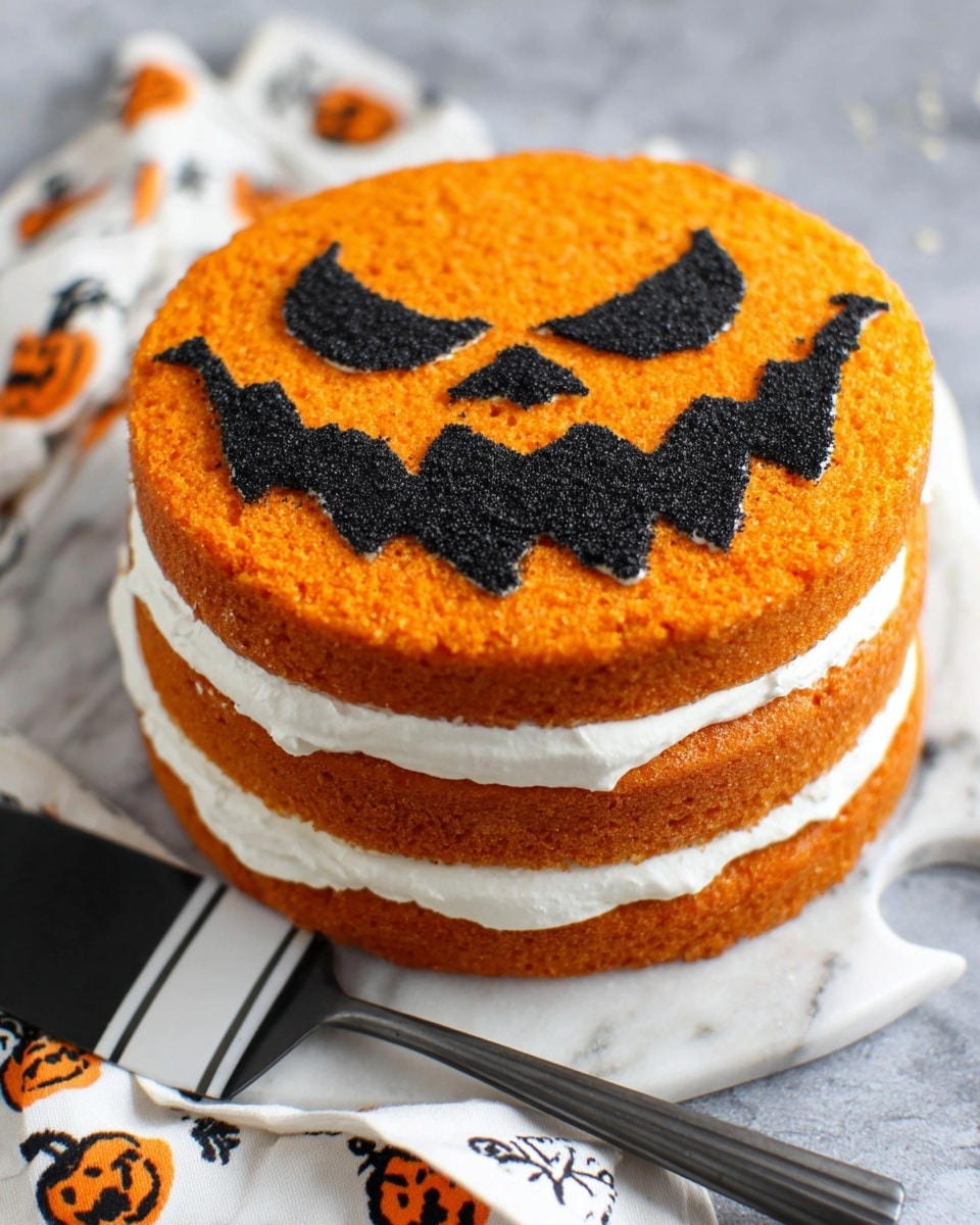 A three-layer orange cake with white cream filling between each layer is shown on a white cake stand. The top of the cake has a black jack-o'-lantern face design painted on the orange surface. A slice of the cake is placed on a white plate in the front, showing the thick white cream and the bright orange cake layers. A fork with a piece of the cake is on the plate. The scene is set on a white marbled surface with a white cloth that has small orange jack-o'-lantern faces and white measuring spoons nearby. Photo taken with an iphone --ar 4:5 --v 7