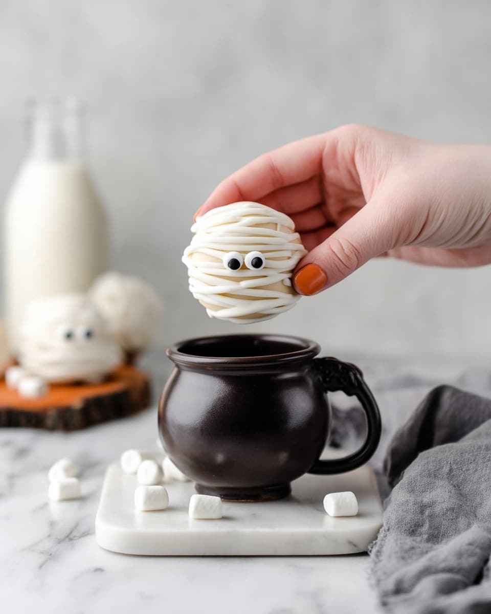 A woman's hand is holding a small white round treat decorated like a mummy with white icing strips and two small round black eyes in the center. Below the hand, there is a dark brown small pot with a handle, placed on a white marble surface. Around the pot, there are a few small white marshmallows scattered. In the background, slightly out of focus, there is a white milk bottle and another similar mummy-like treat placed on the white marble surface. A gray cloth with dark stripes lies to the right side of the pot. The scene is bright with soft natural light. photo taken with an iphone --ar 4:5 --v 7