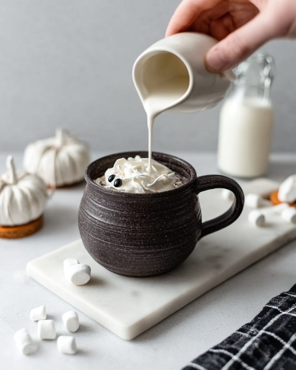 A dark brown small mug with a wide mouth is centered on a white marbled rectangular board, filled with a layer of fluffy whipped cream inside. A white ceramic pitcher is pouring a smooth white liquid over the whipped cream, held by a woman's hand visible in the top right corner. Around the mug, mini white marshmallows are scattered on the white marbled surface. In the background, there is a soft focus of large white round marshmallows and a glass bottle filled with milk, as well as a black-and-white checkered cloth on the right side. Photo taken with an iphone --ar 4:5 --v 7
