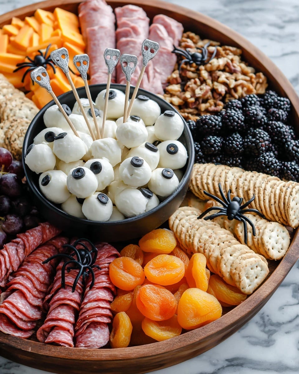 A round wooden board is filled with many layers of food, all arranged neatly. At the center, a white bowl holds many small white balls topped with tiny black round pieces, with four small white skeleton bone forks sticking out. Around the bowl, there are rolled slices of pale pink meat, a stack of square light crackers with dark seeds, and neat rows of folded pepperoni that are dark red with white fat. Bright orange round slices form a ring, decorated with small fake black spiders. Fresh blackberries cluster in a small pile near light orange dried apricot pieces. There are chunks of bright orange cheese and oddly shaped walnut halves placed in gaps. A white plastic skeleton arm stretches across the board, adding a spooky touch. The board sits on a white marbled surface. Photo taken with an iphone --ar 4:5 --v 7