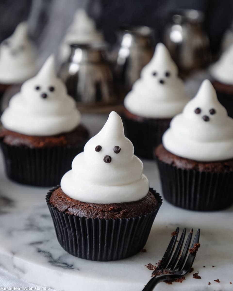 The image shows chocolate cupcakes in black liners, each topped with two smooth white layers of whipped frosting shaped like small ghost figures with a pointed peak at the top, making about two layers of frosting. Each ghost has three small dark brown chocolate dots arranged for eyes and a mouth on the front. The cupcakes are placed on a white marbled surface with a soft focus on more cupcakes in the background. A woman's hand black plastic fork lies next to the front cupcake. photo taken with an iphone --ar 4:5 --v 7
