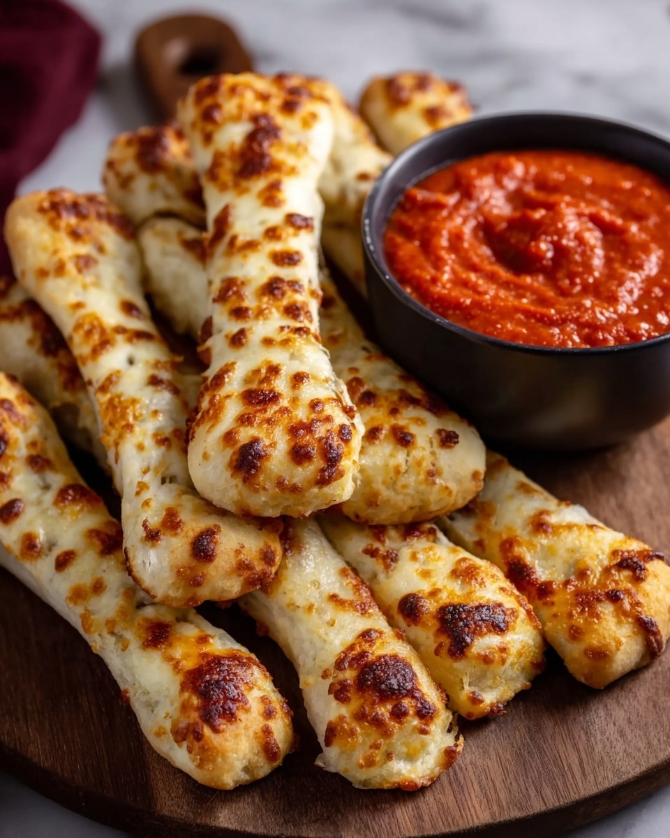 A wooden board holds a pile of bone-shaped breadsticks with golden melted cheese unevenly browned on top, showing a slightly puffy and soft texture beneath the cheese layer. Next to the breadsticks on the right, a small dark bowl is filled with thick, bright red marinara sauce with a chunky texture. The background surface is a white marbled texture, providing contrast to the warm colors of the food, photo taken with an iphone --ar 4:5 --v 7