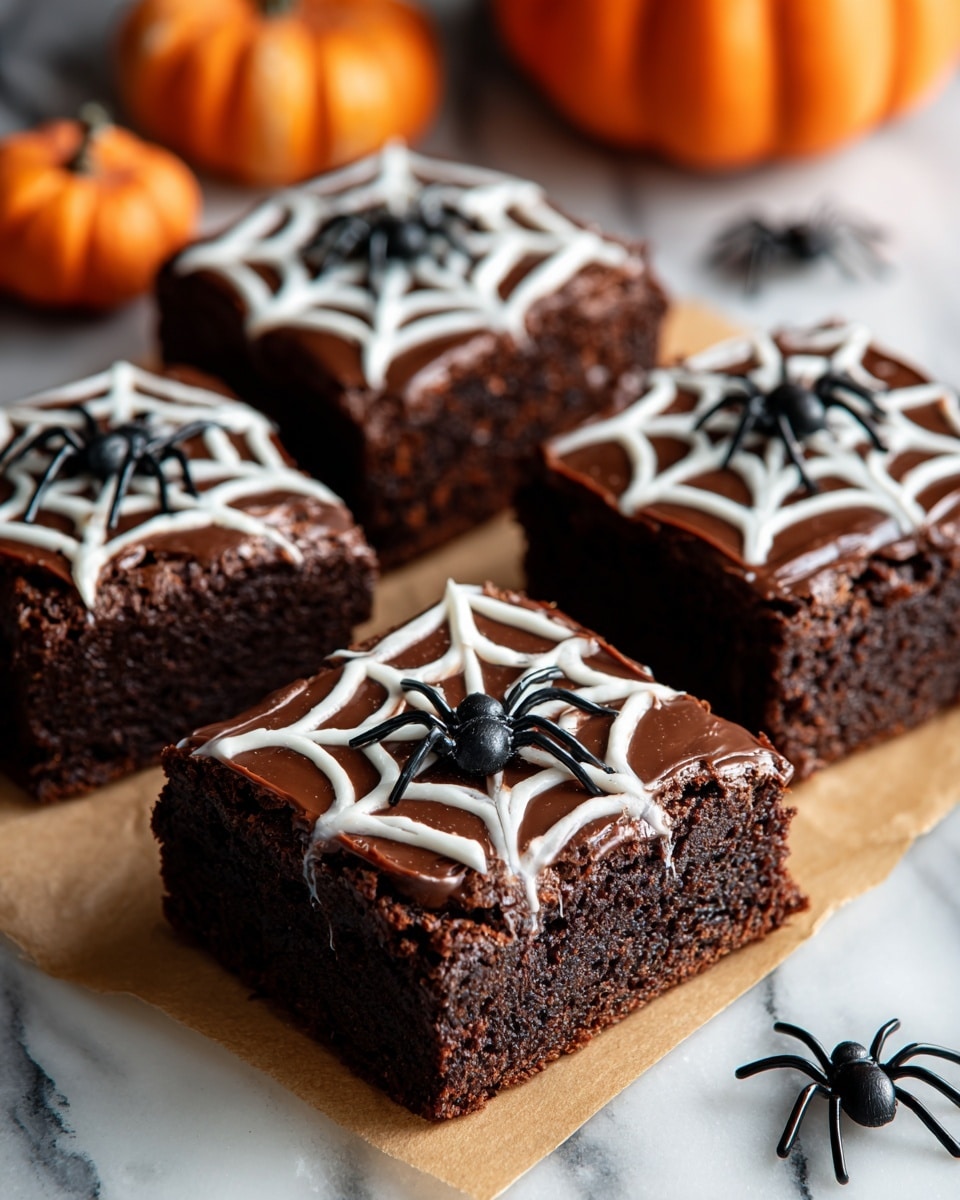 There are four square chocolate brownies on a piece of brown parchment paper. Each brownie has a smooth dark chocolate top layer with a white frosting spiderweb design carefully drawn over it. A small black plastic spider sits in the middle of each spiderweb decoration. The brownies look rich and moist with a slightly crumbly texture on the sides. There are two small orange pumpkins and a few more black plastic spiders blurred in the background on a white marbled surface. photo taken with an iphone --ar 4:5 --v 7