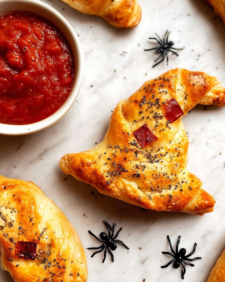 Three golden brown puff pastry shaped like witch hats lay on a white marbled surface. Each hat is triangular with a curved tip and sprinkled with small herbs on top, giving a textured look. Along the base of each hat, small red pepperoni slices peek out like jagged teeth. Near the top center, there is a white bowl filled with thick, deep red tomato sauce. Scattered around the pastries are tiny black plastic spiders, adding to the spooky theme. The scene is well lit, showing the flaky texture of the pastry and the shiny smooth tomato sauce. Photo taken with an iphone --ar 4:5 --v 7